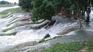 বাঁধ ভেঙ্গে গুরমার হাওরে ঢুকছে পানি